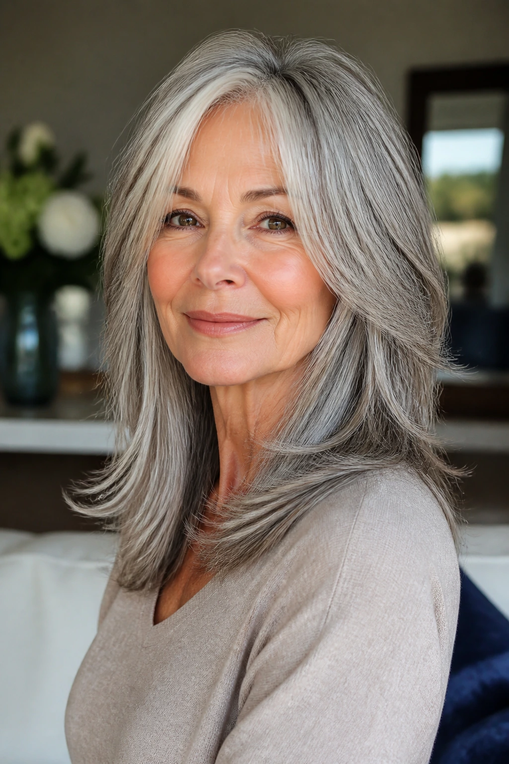 Portrait of a silver-haired woman with layered cut and face-framing layers