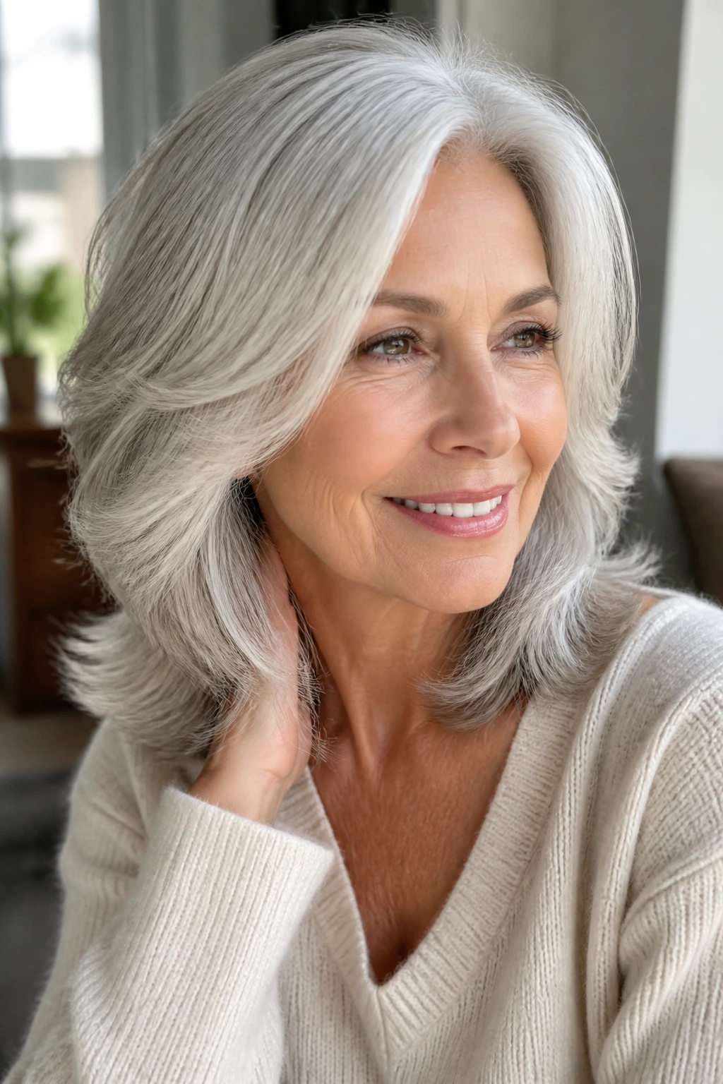 Portrait of an older woman with silver hair and soft layers catching light.