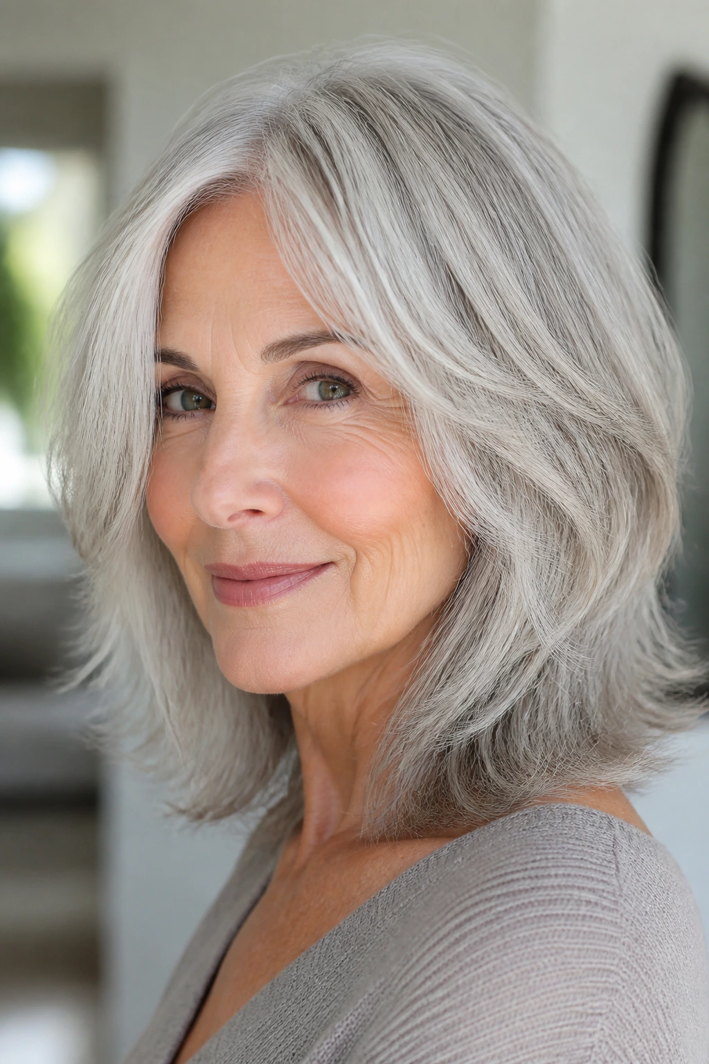 Close-up of a real woman with silver gray hair and layered texture