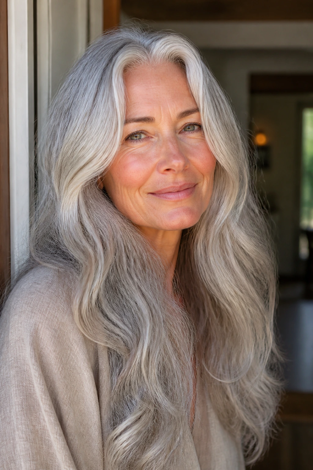 Close-up of a real person with long silver-gray hair cascading in soft waves