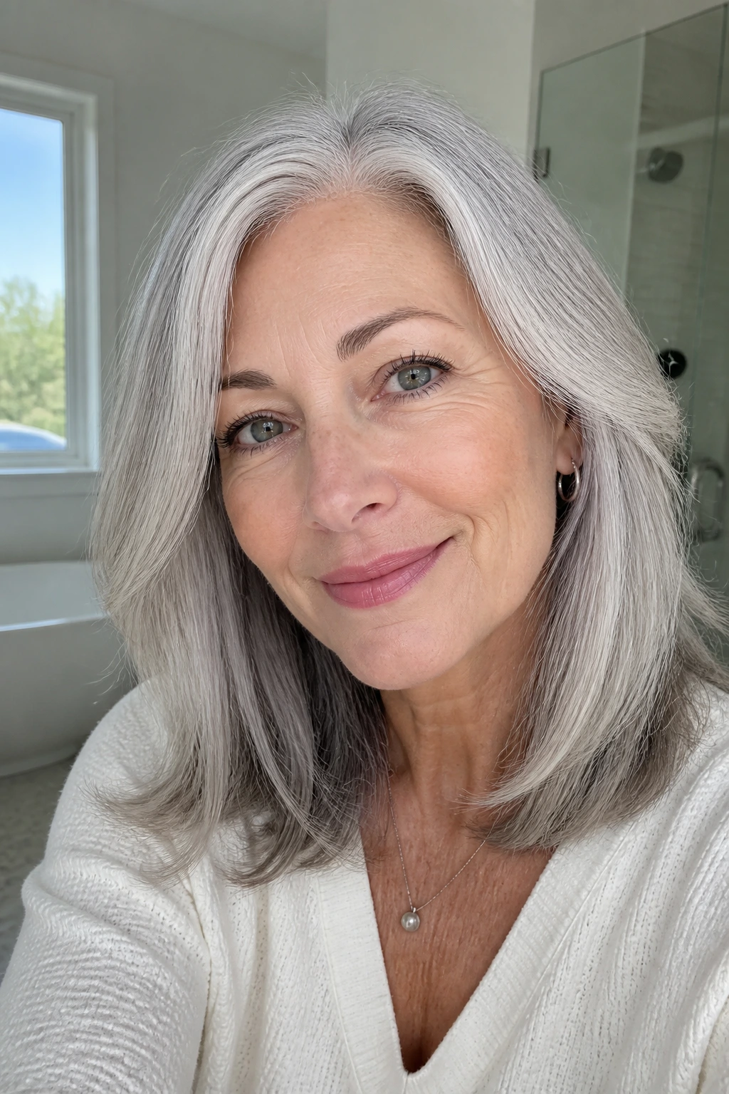 Close-up of shoulder-length silver hair with bright shine and cool-tone highlights