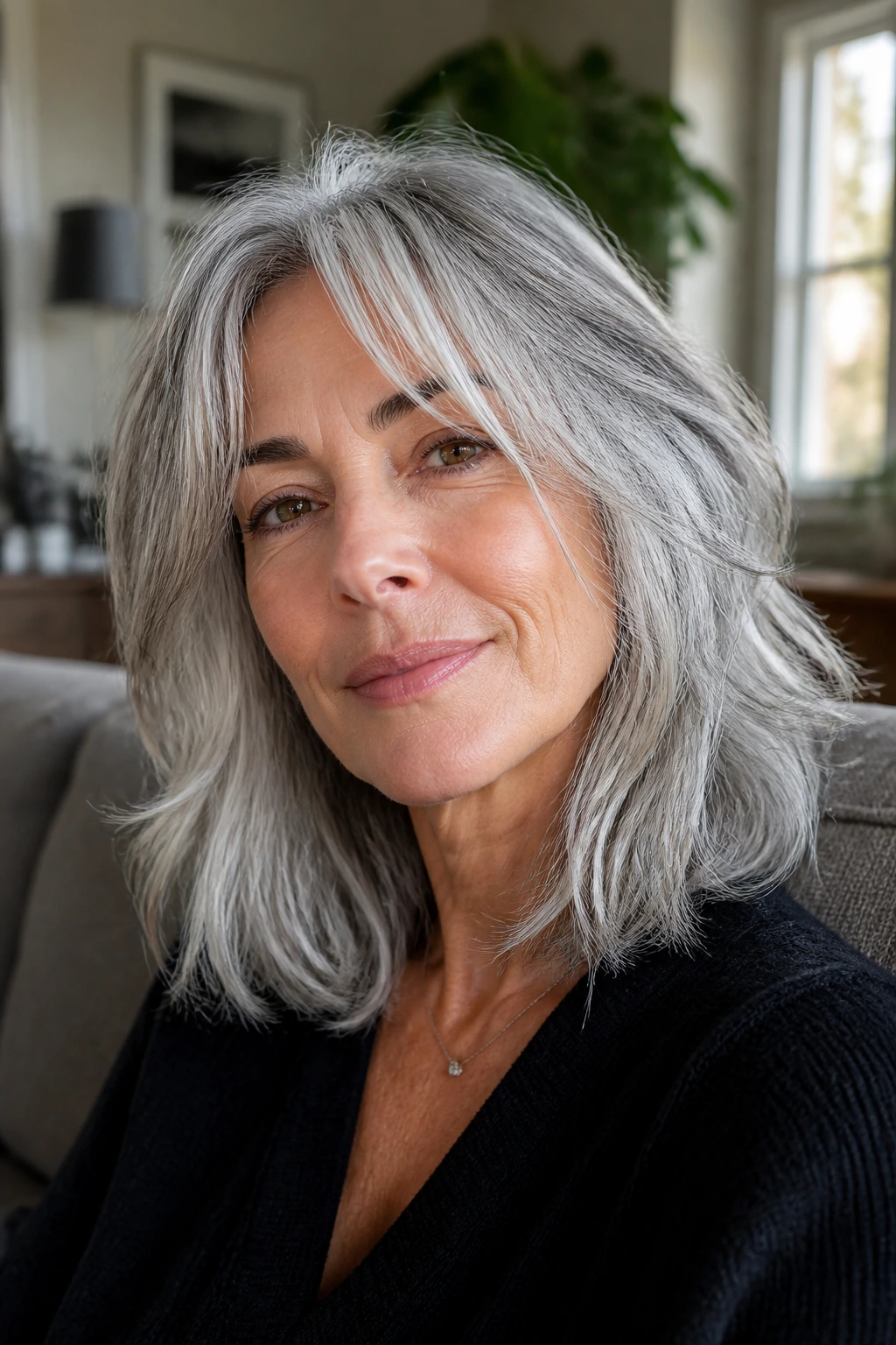 Close-up portrait of a woman with silver-gray medium-length textured hair