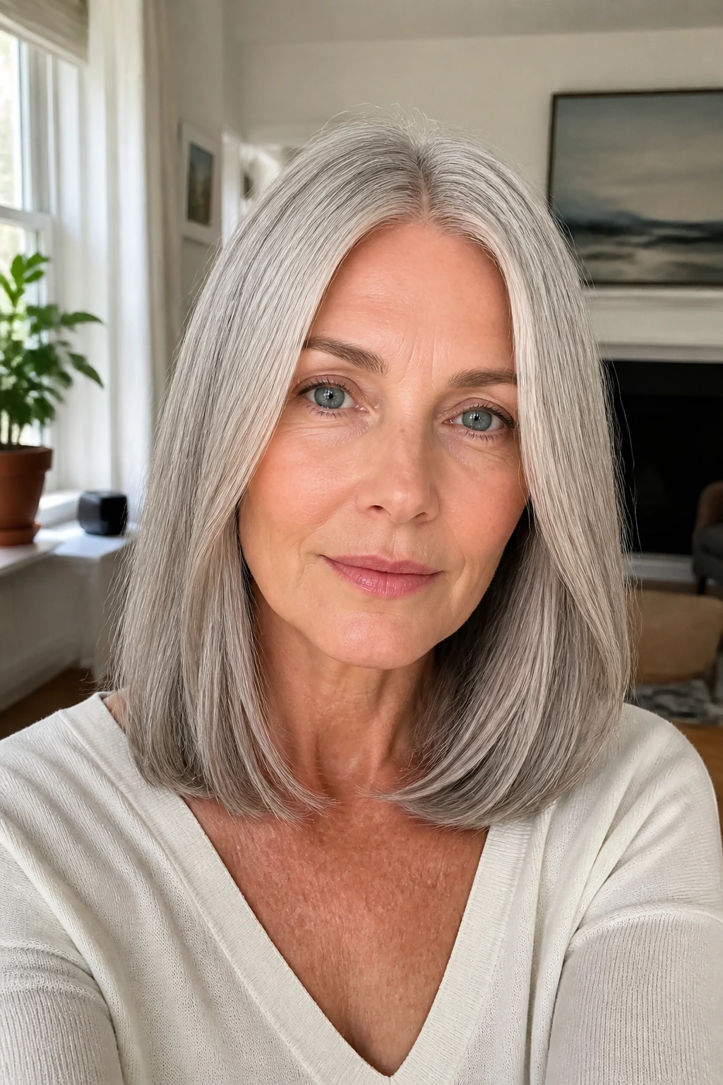 Close-up of a real woman with shoulder-length silver hair and middle part