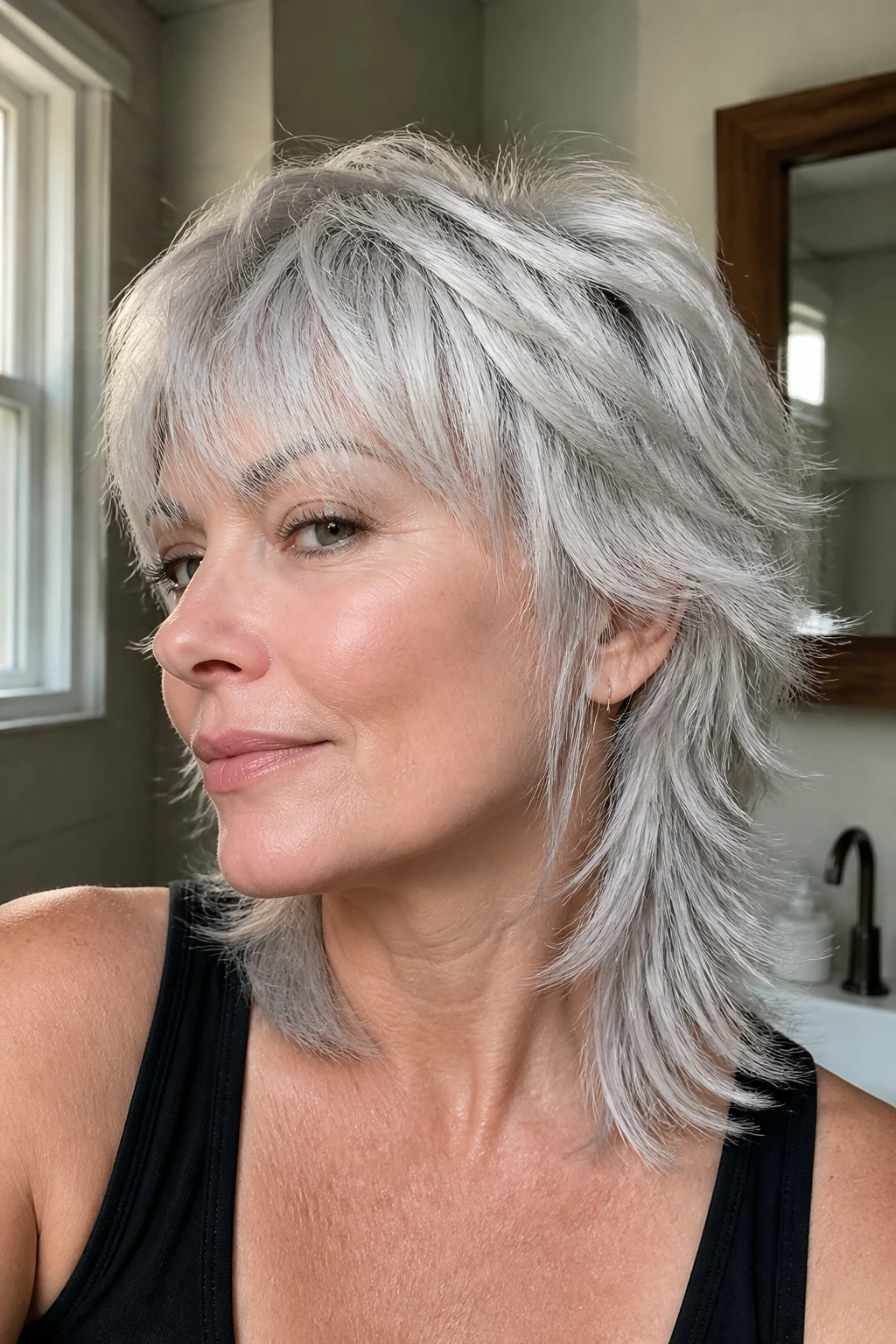 Close-up of a real person with a silver-hair mullet showing glossy texture and layered shine