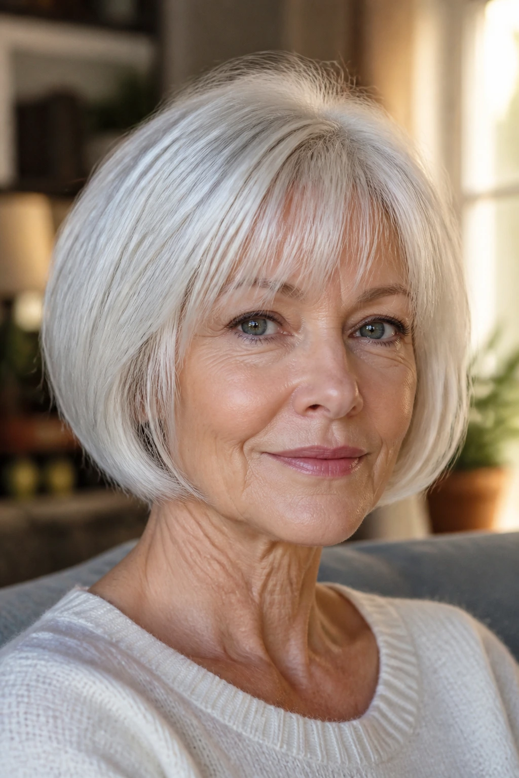 Close-up portrait of a real person with a silver-haired feathered pageboy hairstyle in warm window light