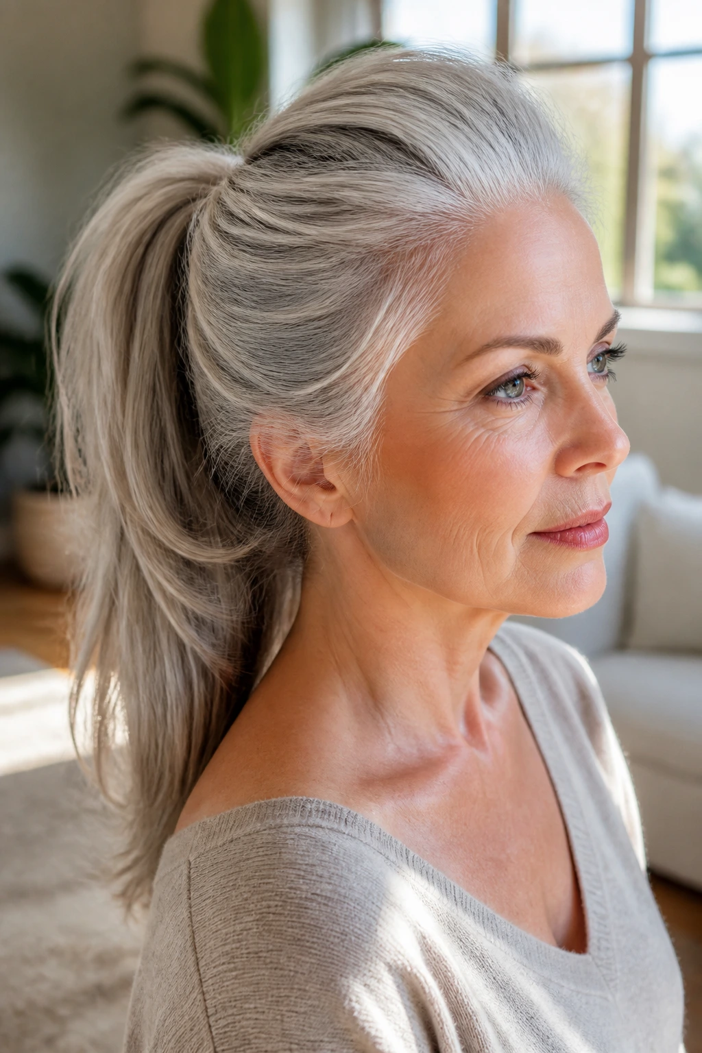 Close-up of a real woman with a silver ponytail and crown lift