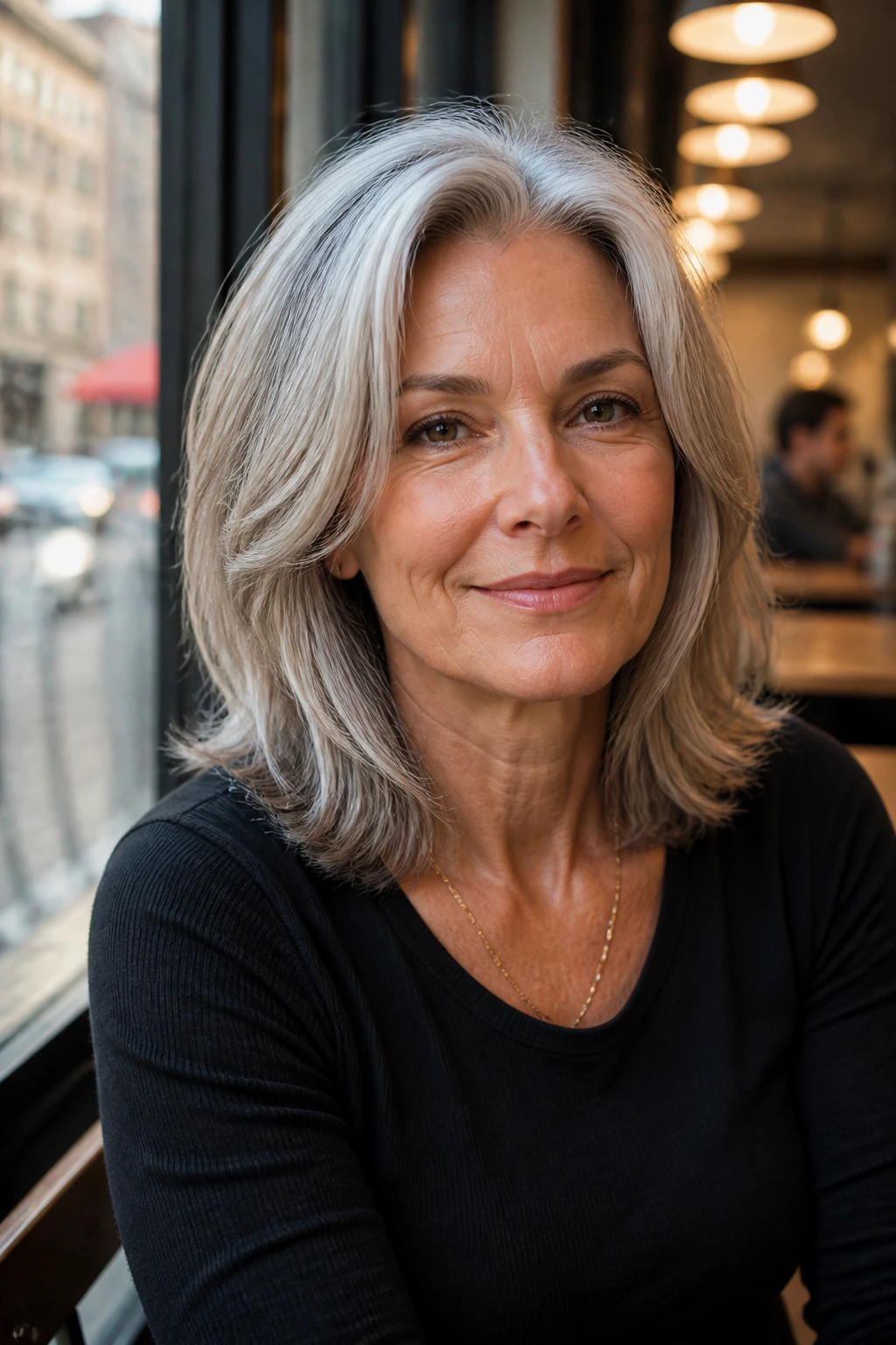 Close-up portrait of a woman with shoulder-length silver gray hair styled sleekly in a cafe setting