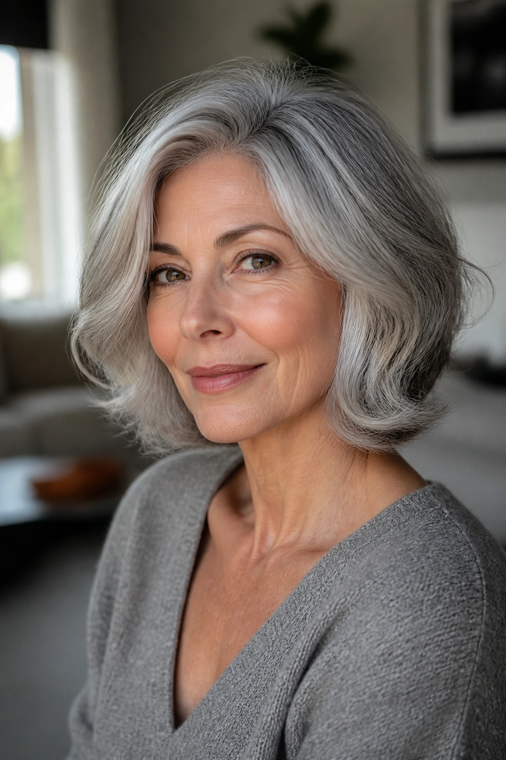 Close-up portrait of an older woman with silver-gray hair showing root shadow and dimensional shine