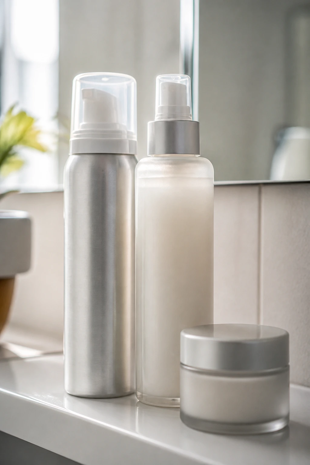 Close-up of lightweight hair products for silver hair on a shelf