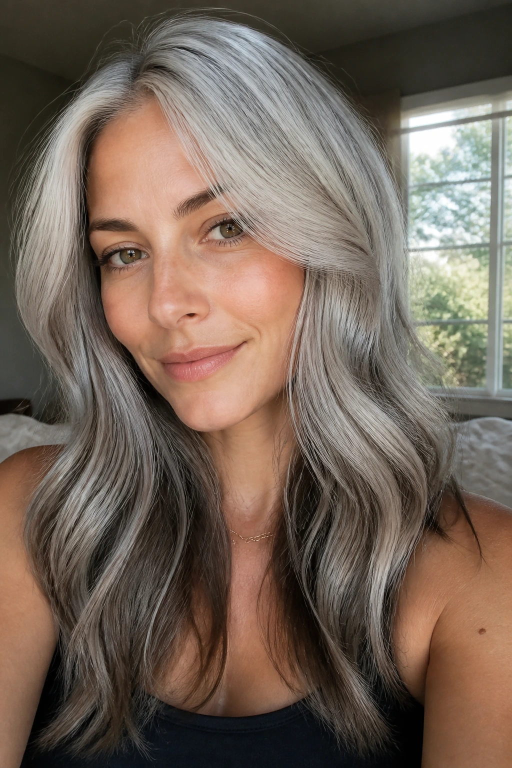 Close-up portrait of a woman with reverse balayage silver hair and smoky lowlights.
