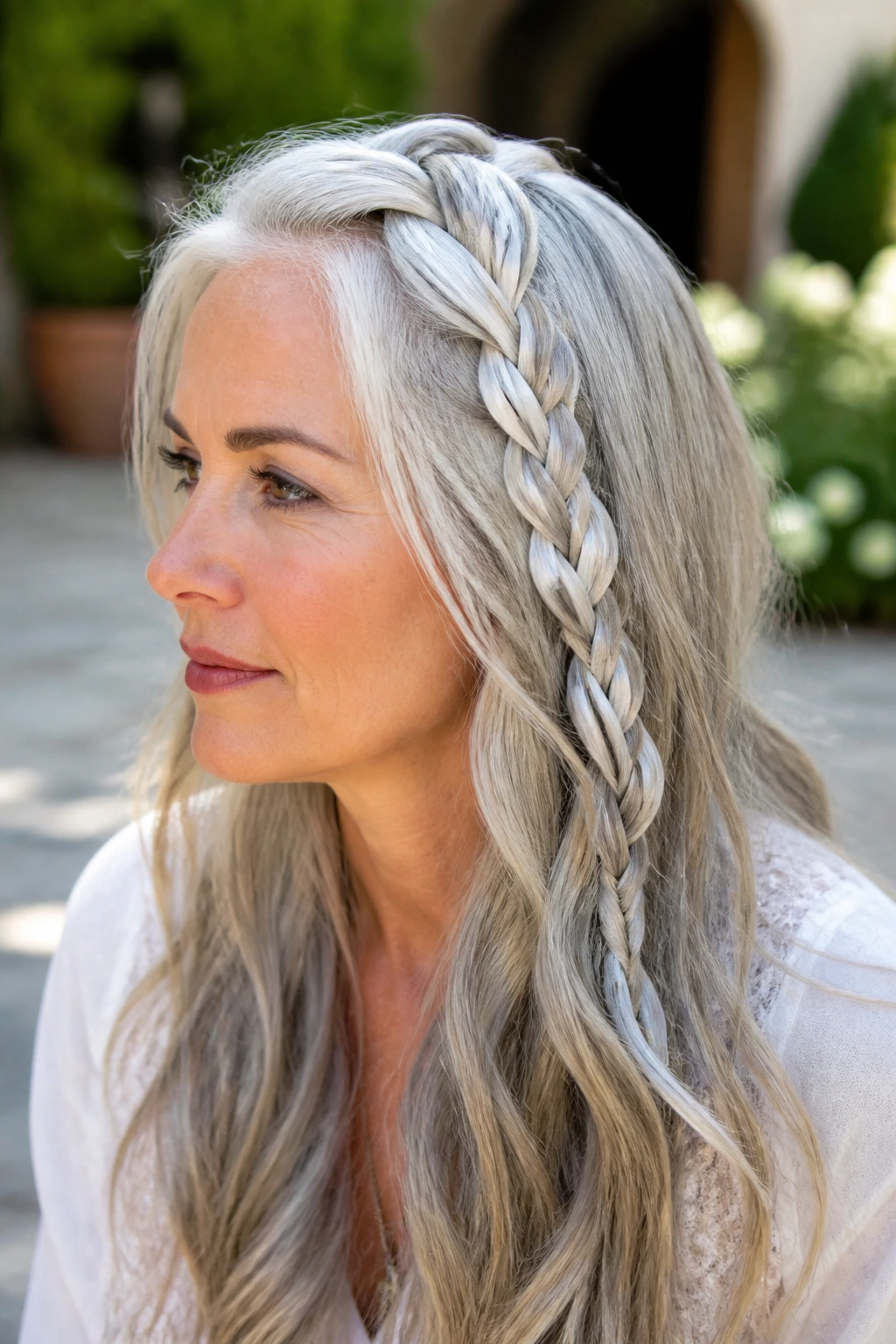 Close-up of a silver-haired woman with a ribbon braid