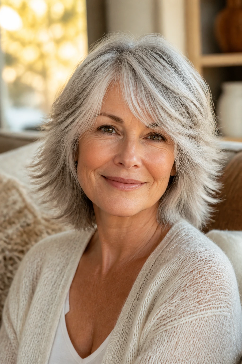 Close-up of an older woman with silver fox shag and airy ends in warm window light