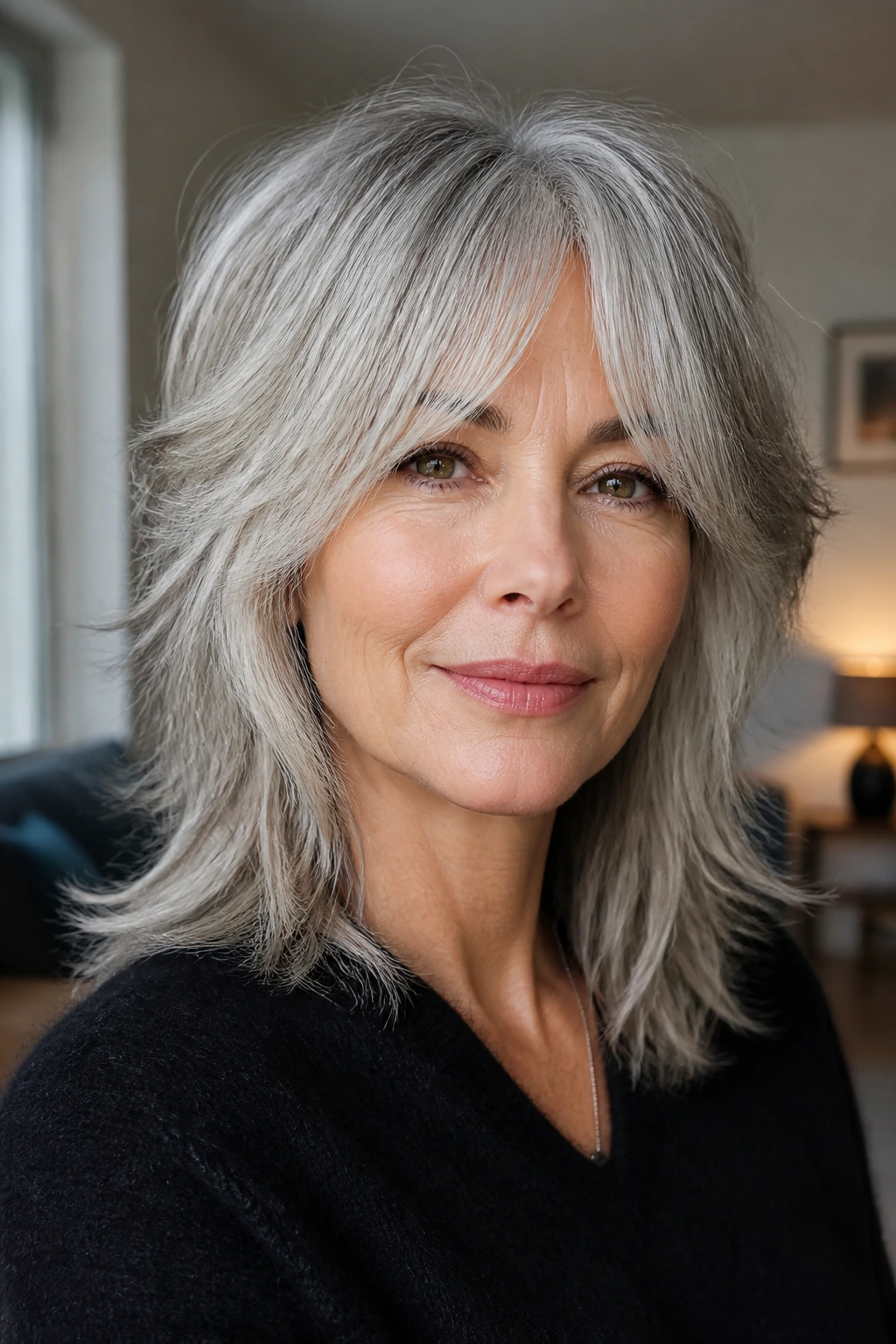 Close-up of a real woman with silver shag and curtain fringe, hair movement and texture highlighted