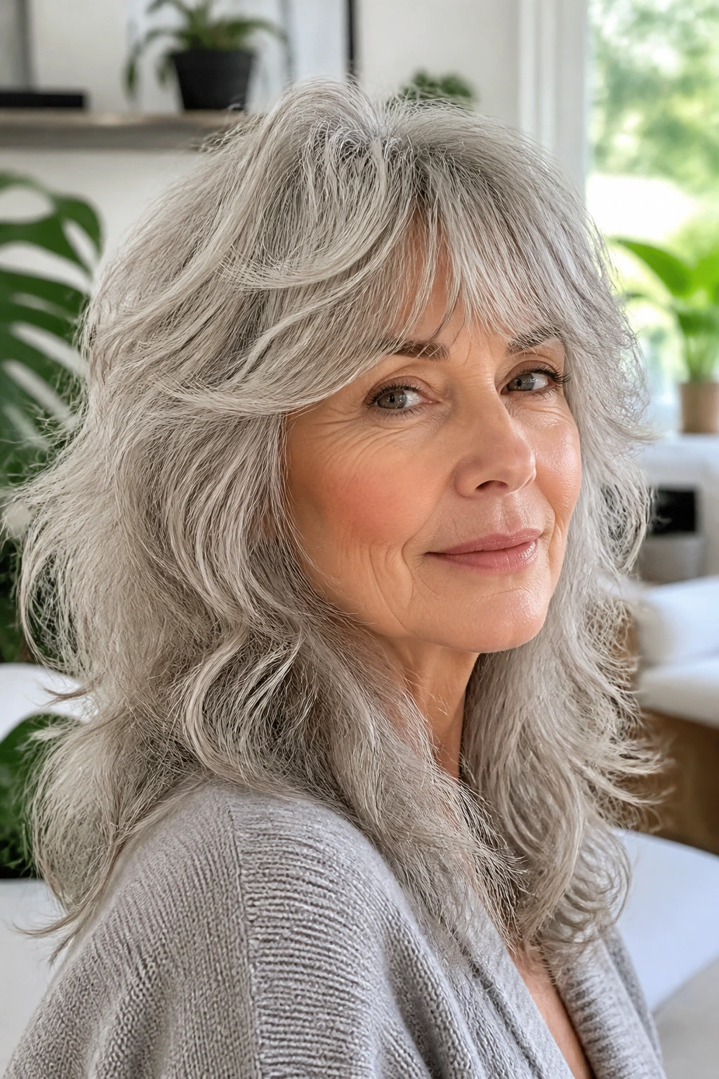 Portrait of a real woman with silver hair styled in a cloud-like shag with invisible layers