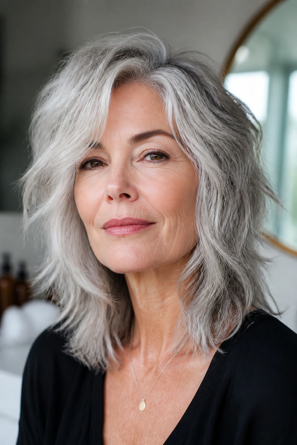 Close-up of a real woman with wavy silver shag and razored ends.