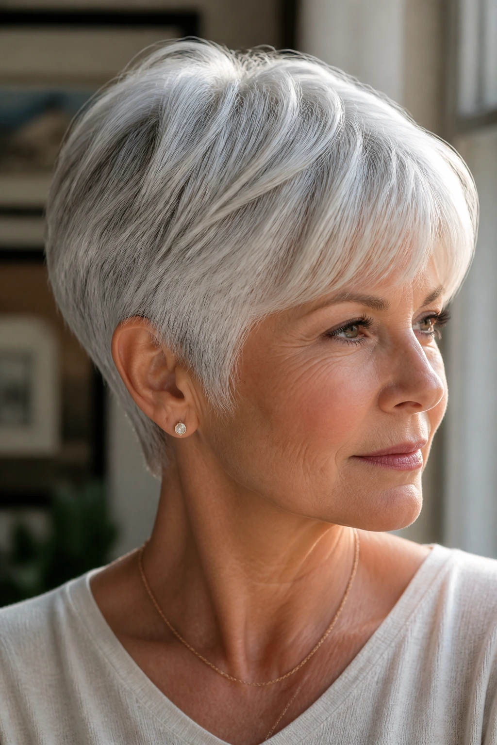 Close-up of a real woman with a crisp silver haircut and clean silhouette