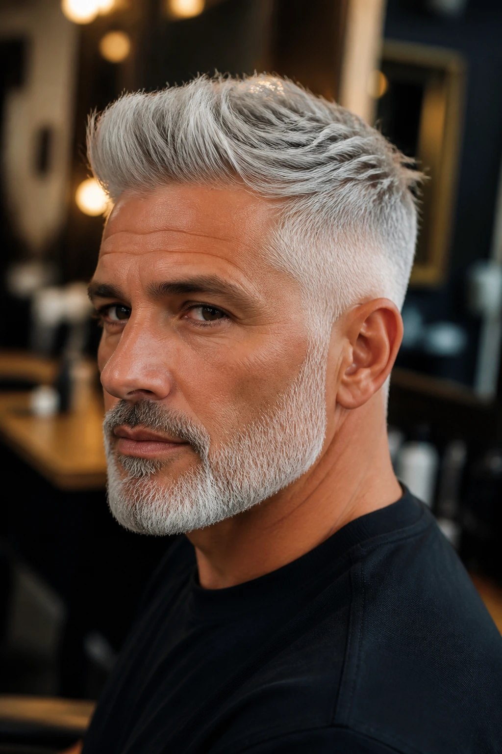 Close-up portrait of a man with silver hair in a sharp modern cut, in a barber shop