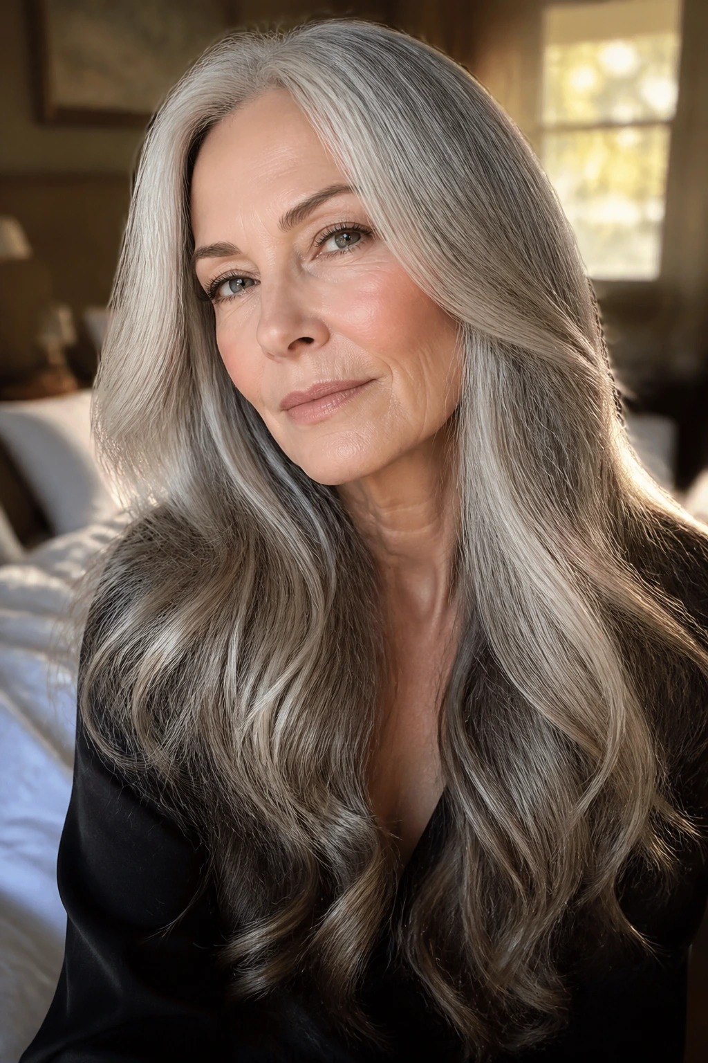 Close-up of an older woman with long silver-gray hair showing a glossy shine