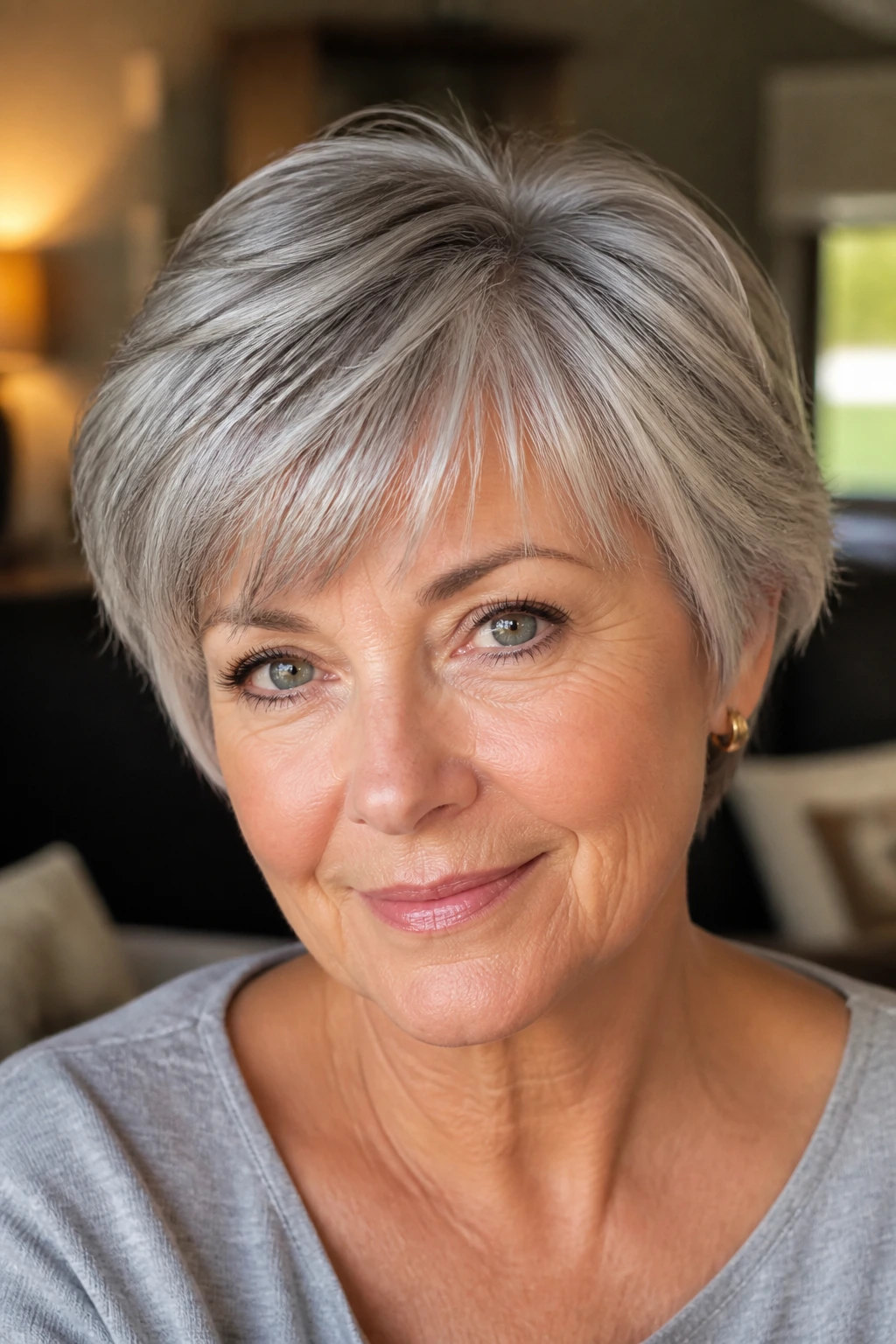 Close-up of a real woman with a soft silver short haircut and glossy gray tones