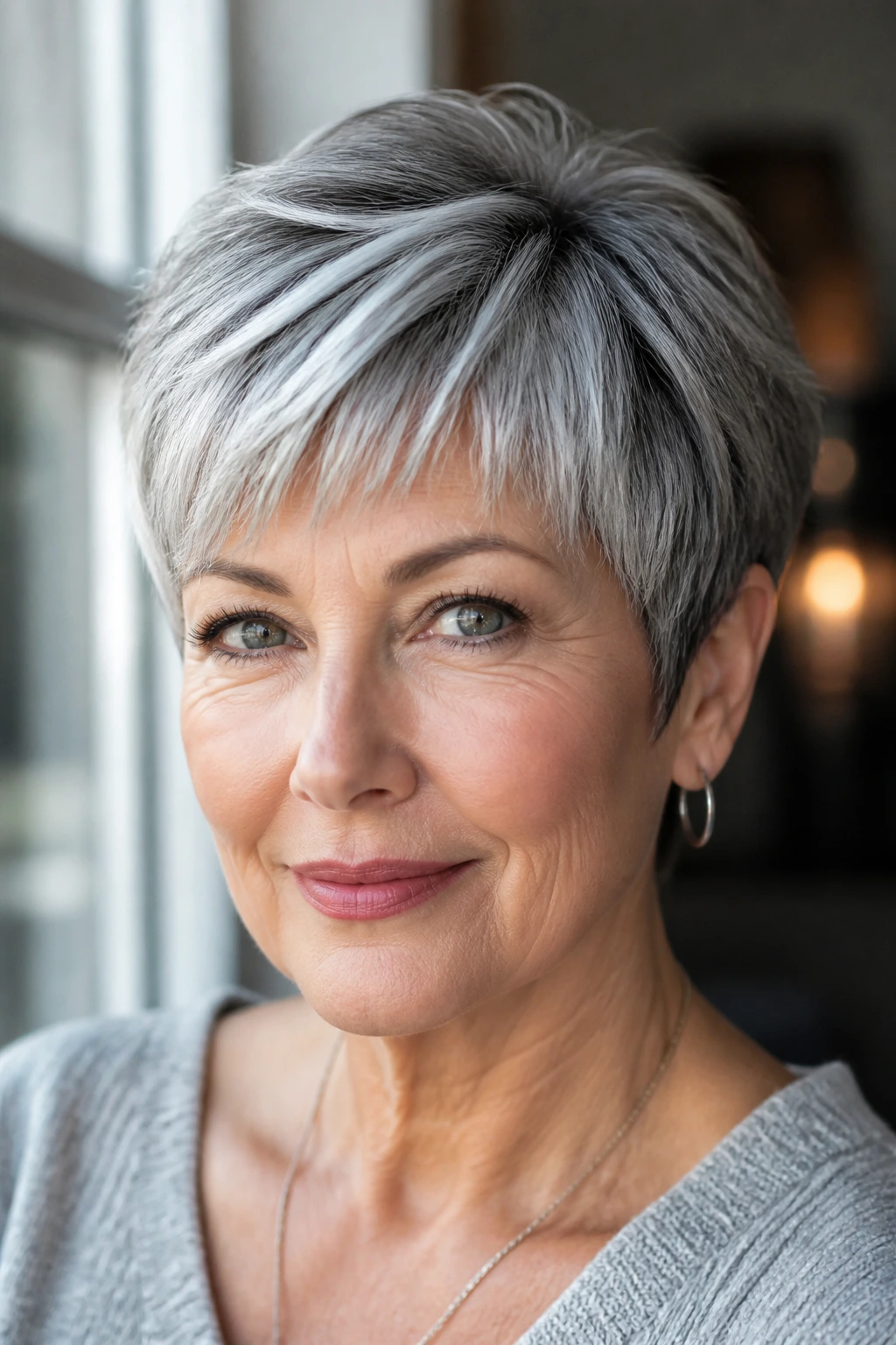 Close-up portrait of a woman with a short silver-toned haircut highlighting cool undertones