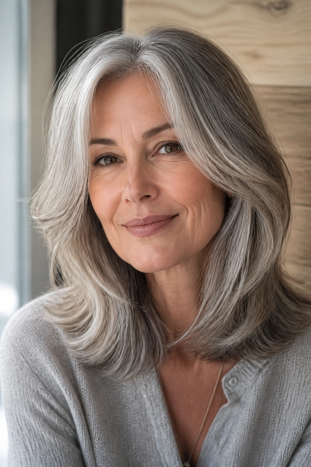 Portrait of a woman with silver hair and soft layers highlighting shine and movement