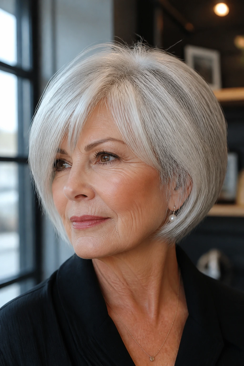 Silver-haired woman in a chic pixie or bob with clean lines.