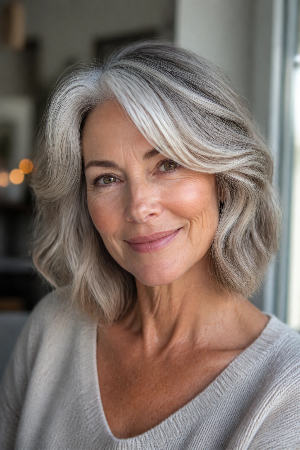 Portrait of a woman with layered silver tones showing ice and pearl highlights