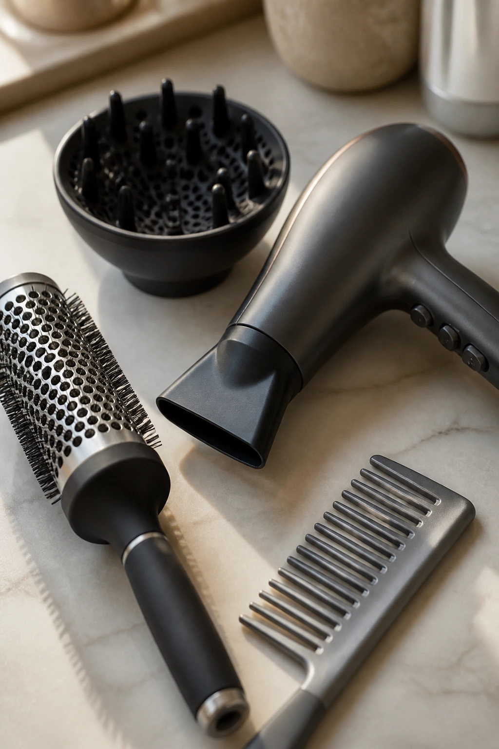 Close-up of silver hair styling tools arranged on a bathroom counter