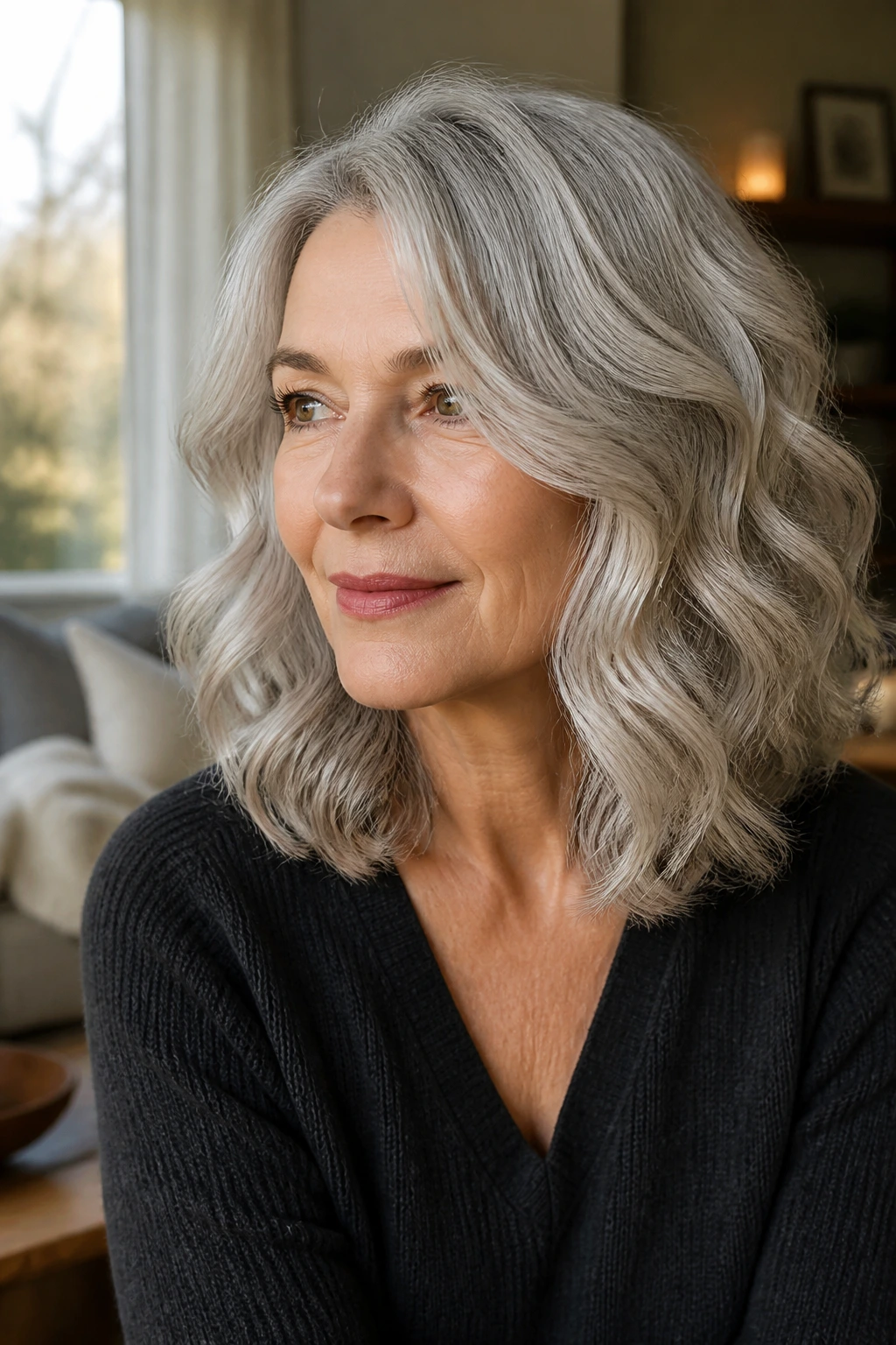 Portrait of a silver-haired woman with natural, dimensional waves and a soft side part.