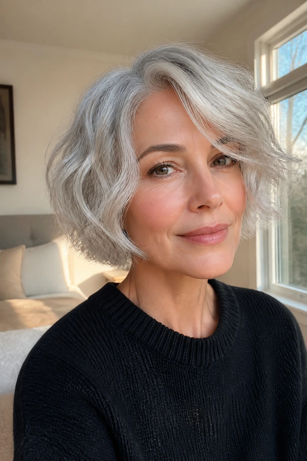 Close-up of a real woman with a silver wavy bob in a sunlit bedroom