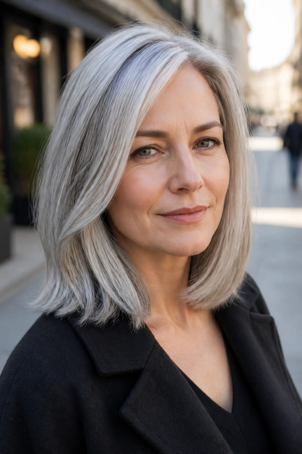 Portrait of a person with straight silver hair outdoors in daylight