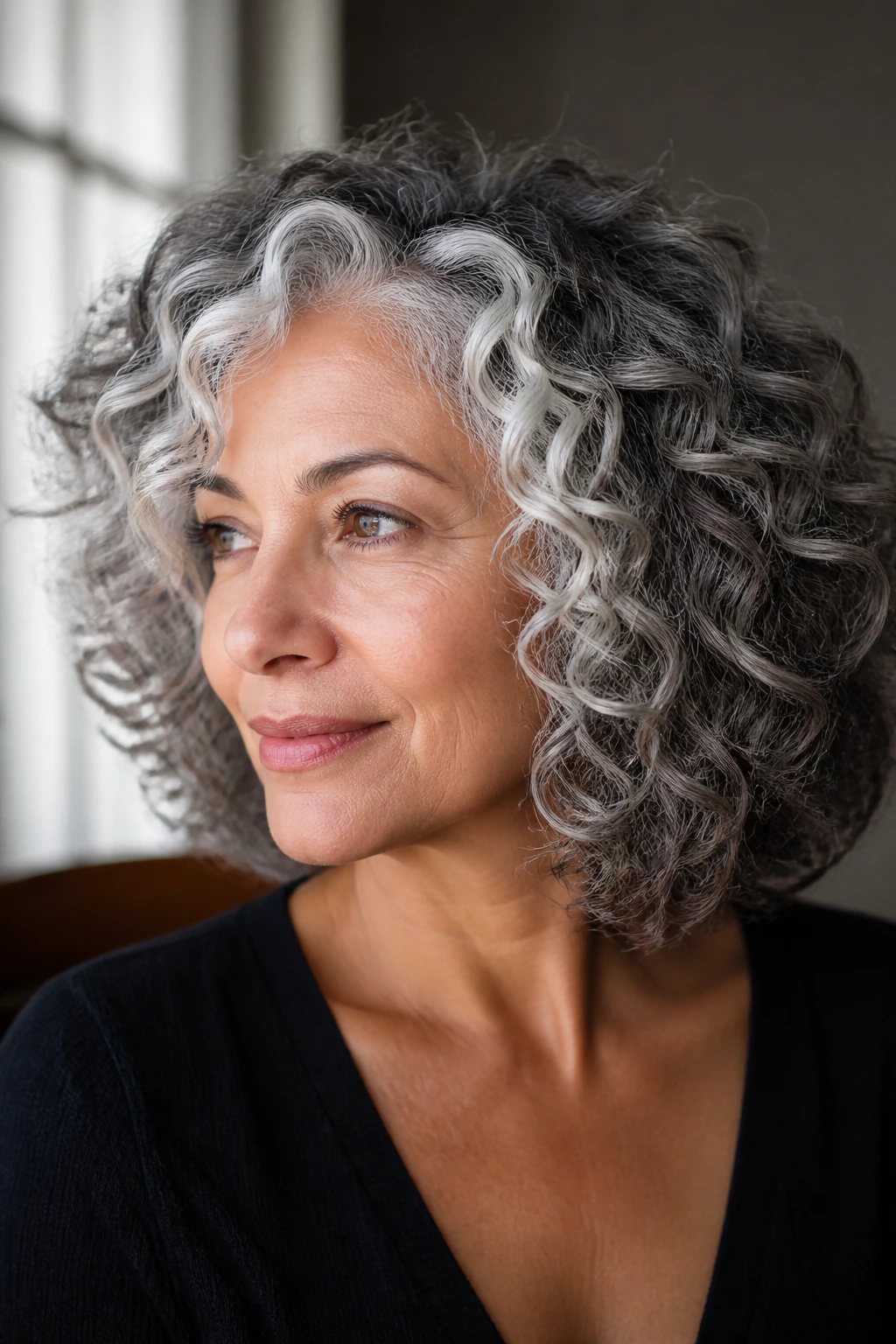 Close-up of a real person with curls showing a silver halo balayage around the face.