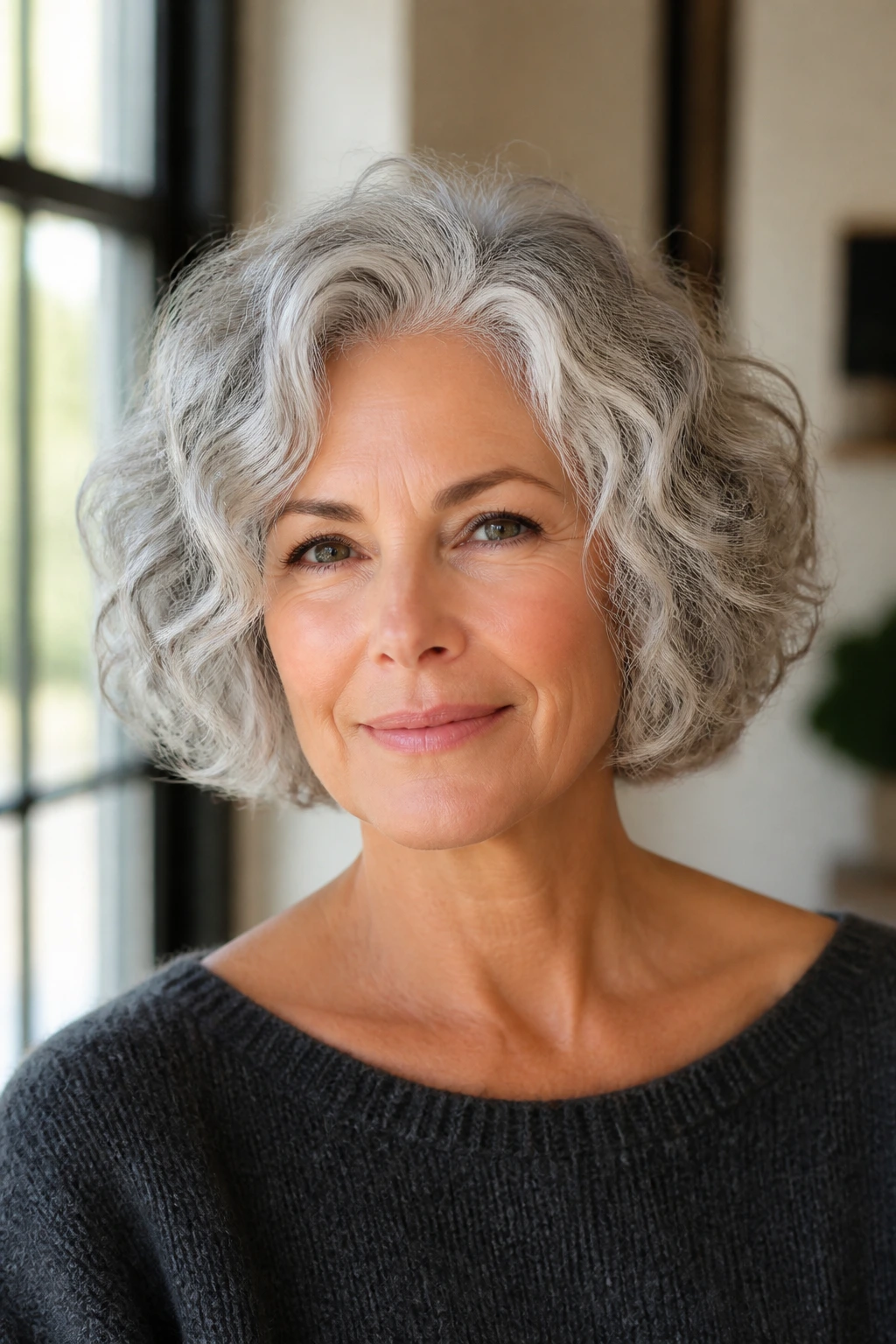 Portrait of a woman with a silver halo bob highlighting the crown-like top.