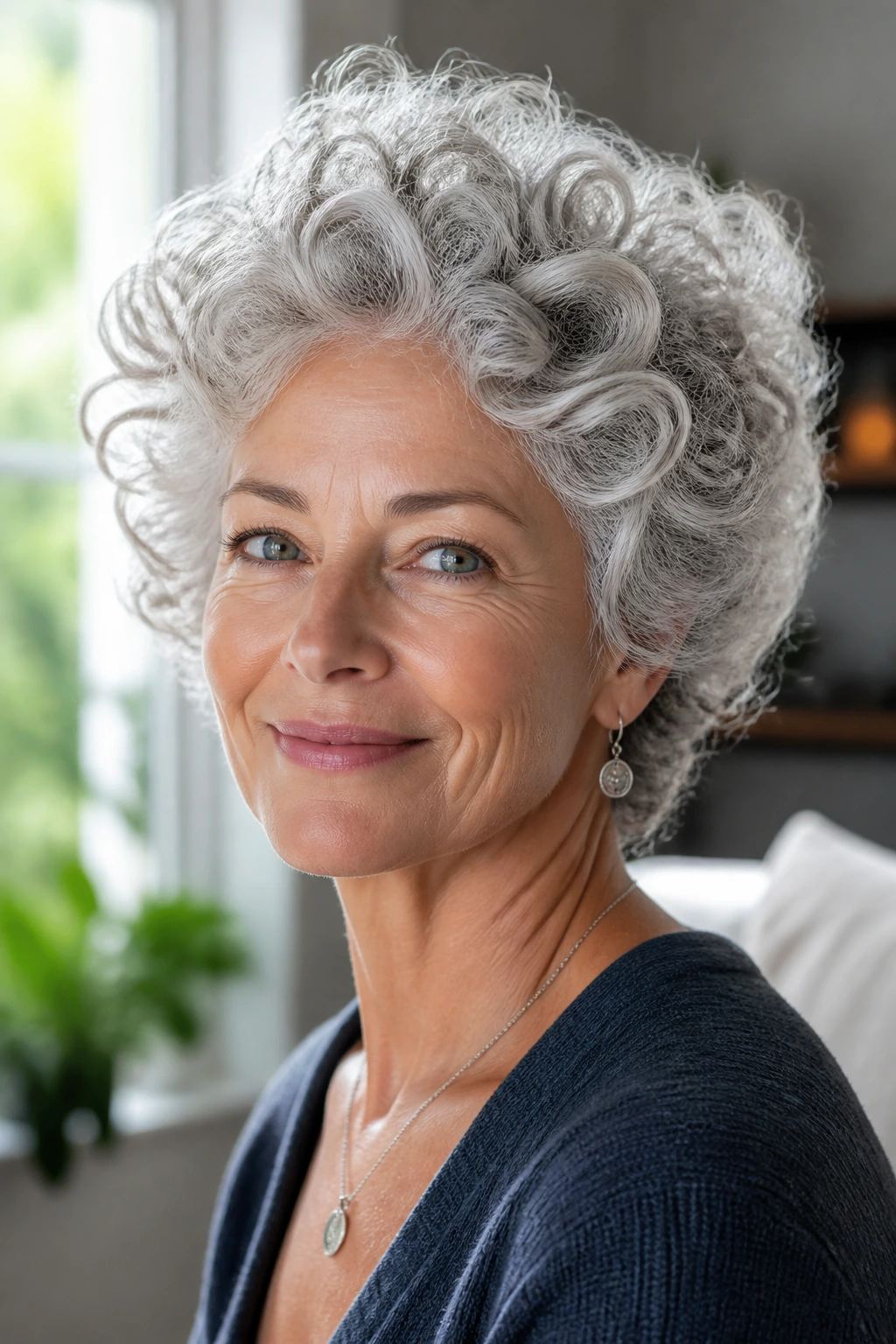 Portrait of a real woman with silver-gray halo curls and lifted crown in bright natural light.