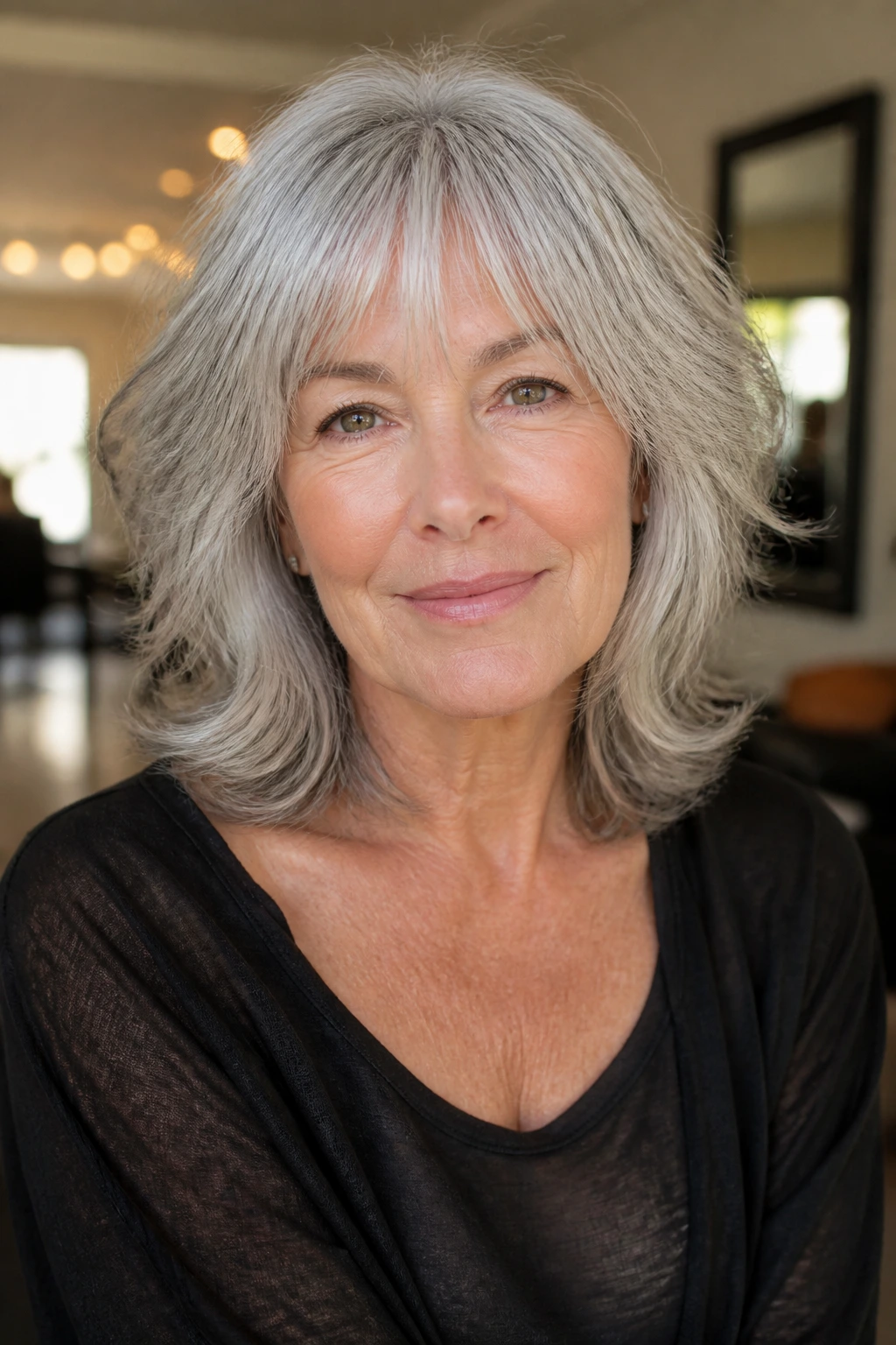 Portrait of gray-haired person with Silver Halo Shag variation