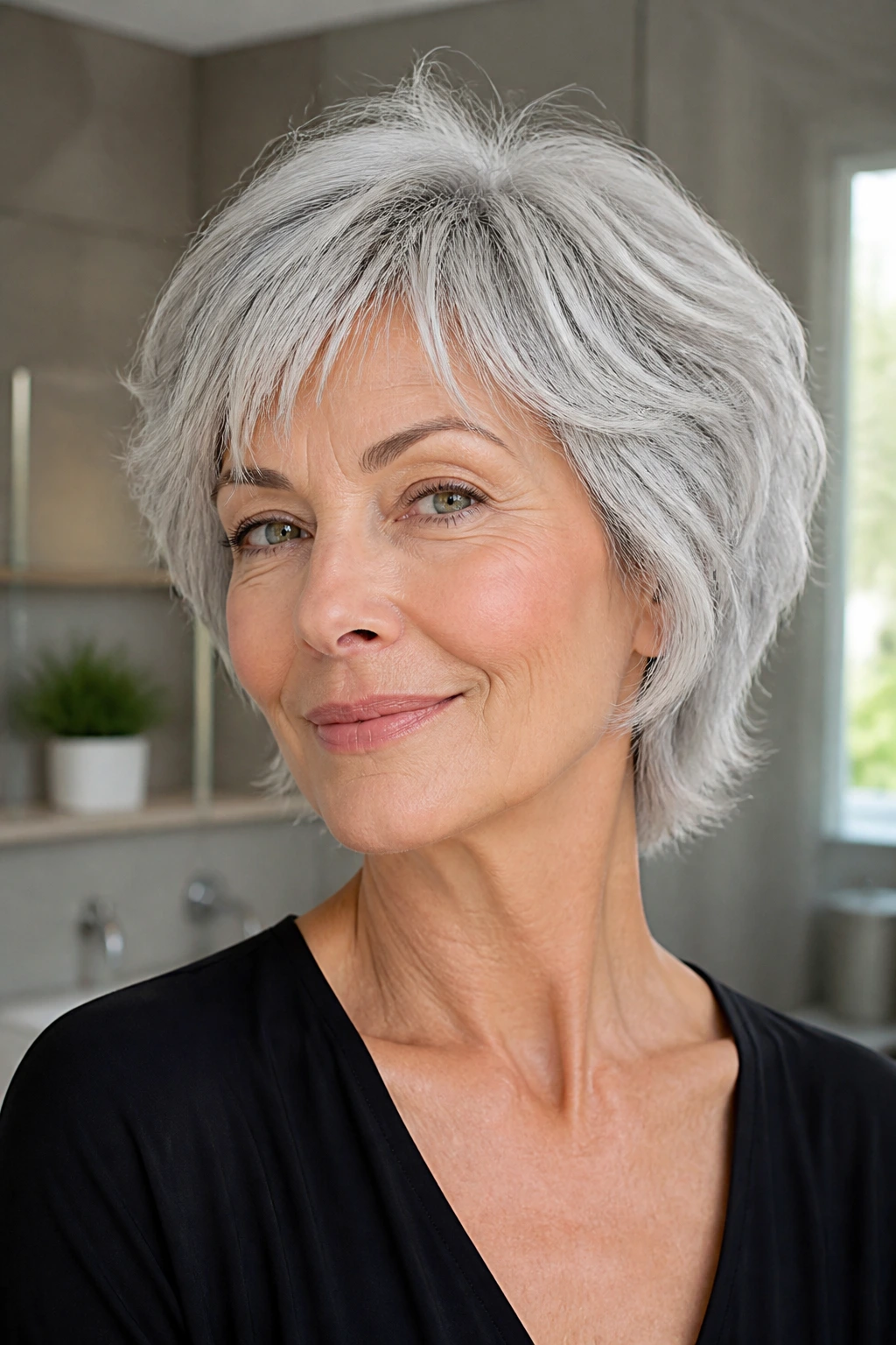 Silver-haired woman with halo shag in a calm bathroom setting