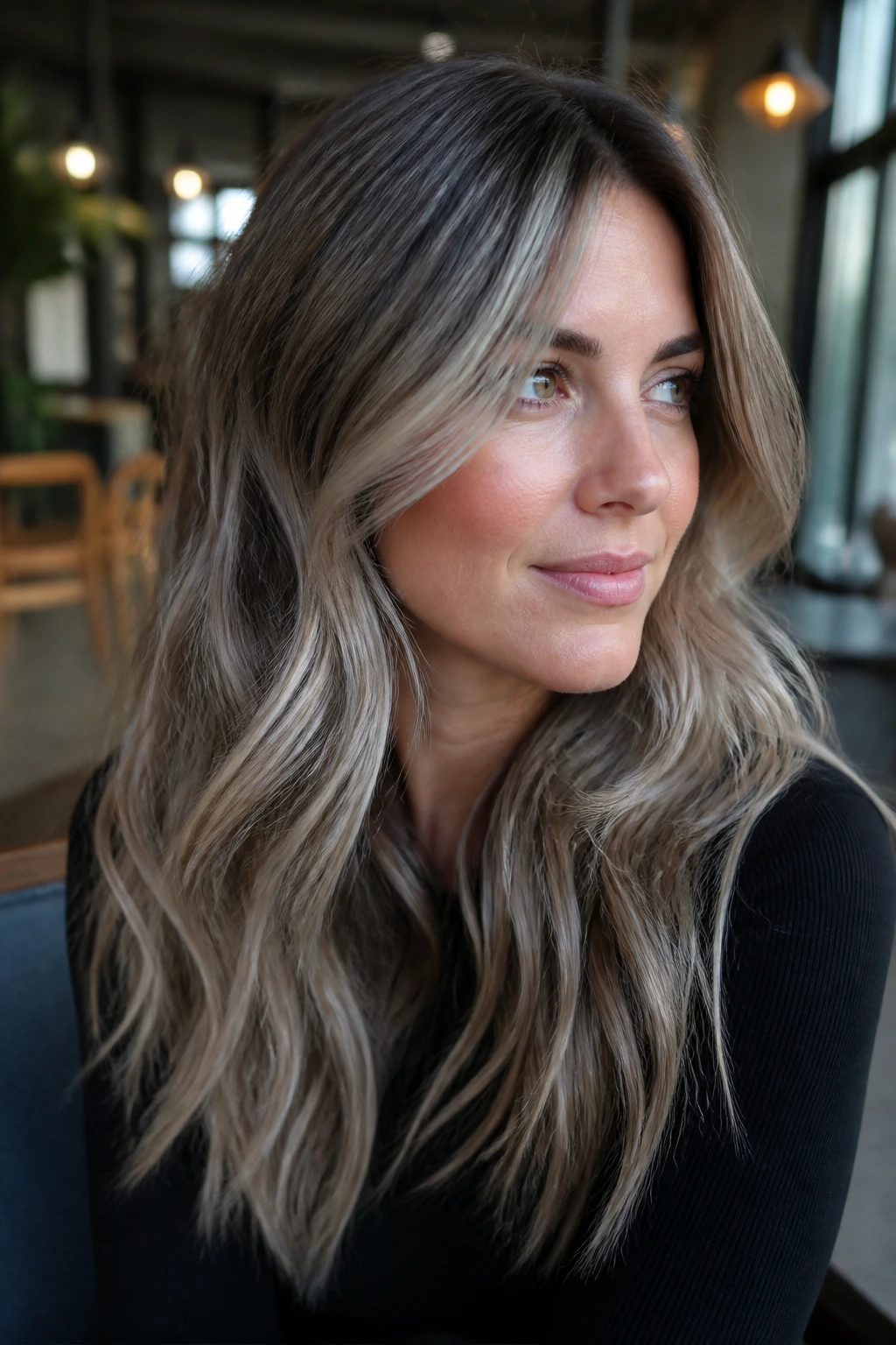 Portrait of a woman with silver-blend cool highlights in hair