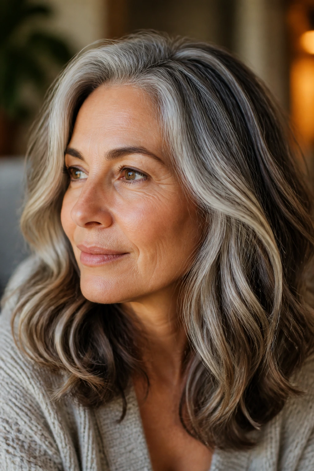 Real woman showing depth in silver highlights around temples and crown