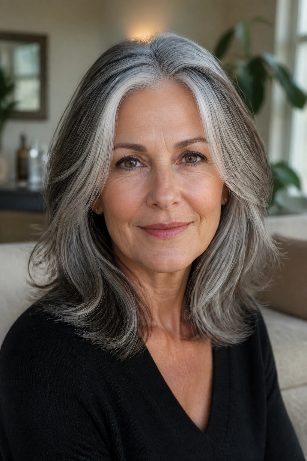 Close-up of an older woman with silver highlights at the temples and around the face