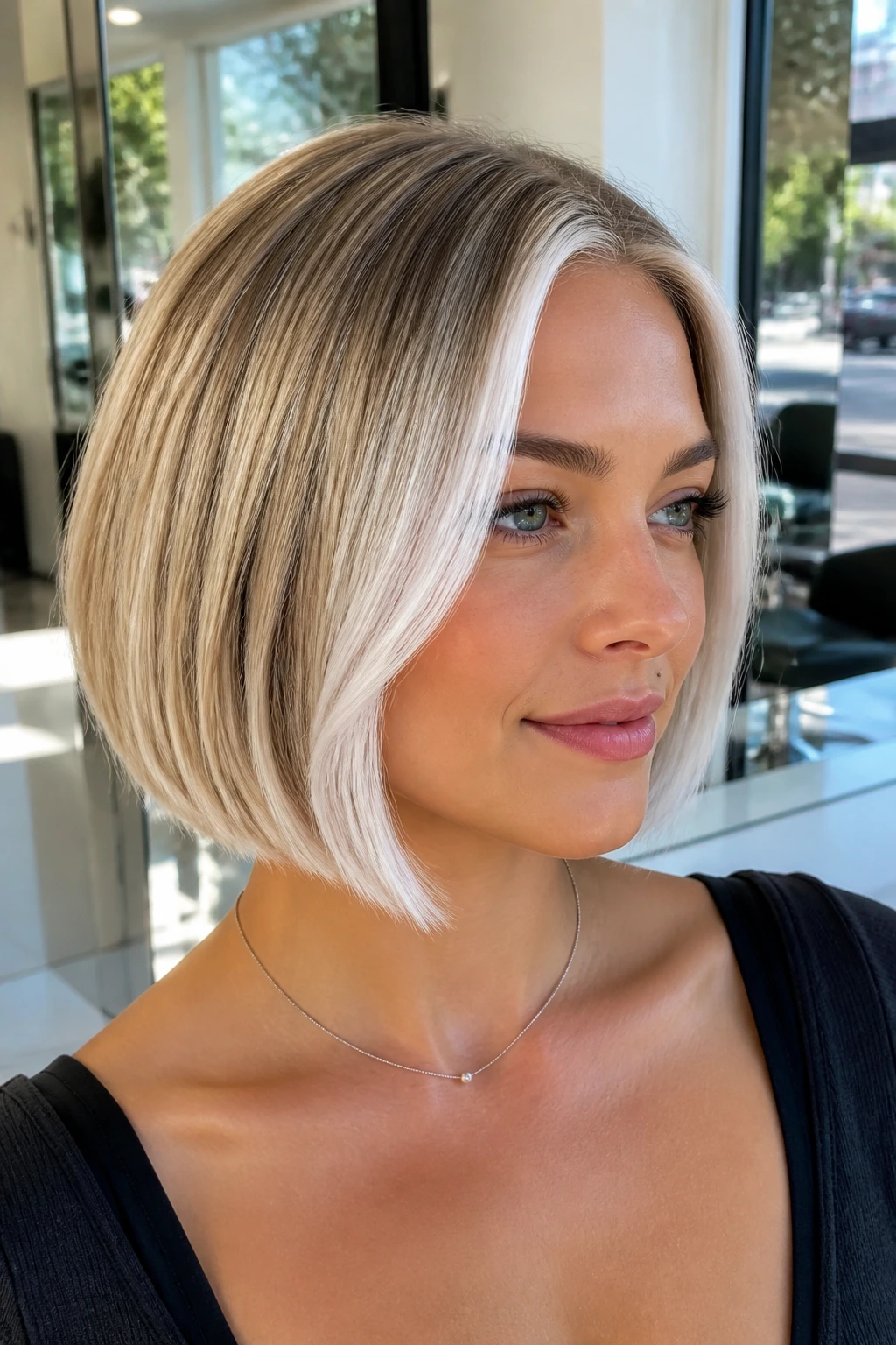 Close-up portrait of a real person with silver-ice front streaks on a crisp blonde bob