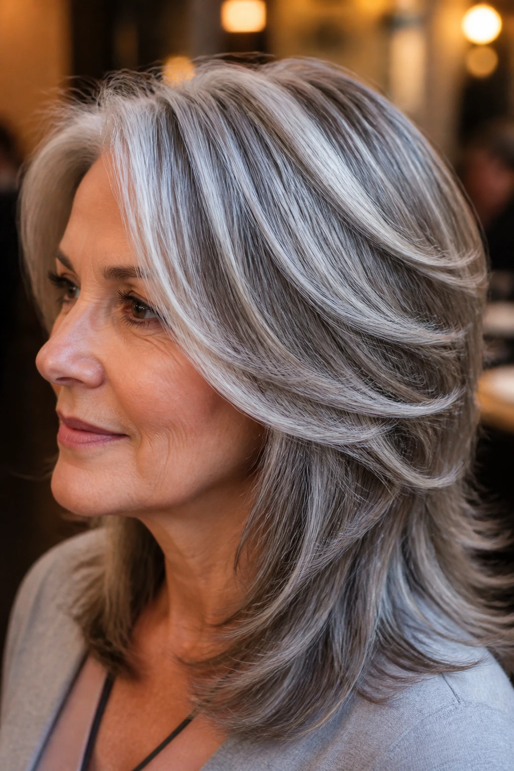 Portrait of a woman with layered hair featuring glossed silver lattice highlights