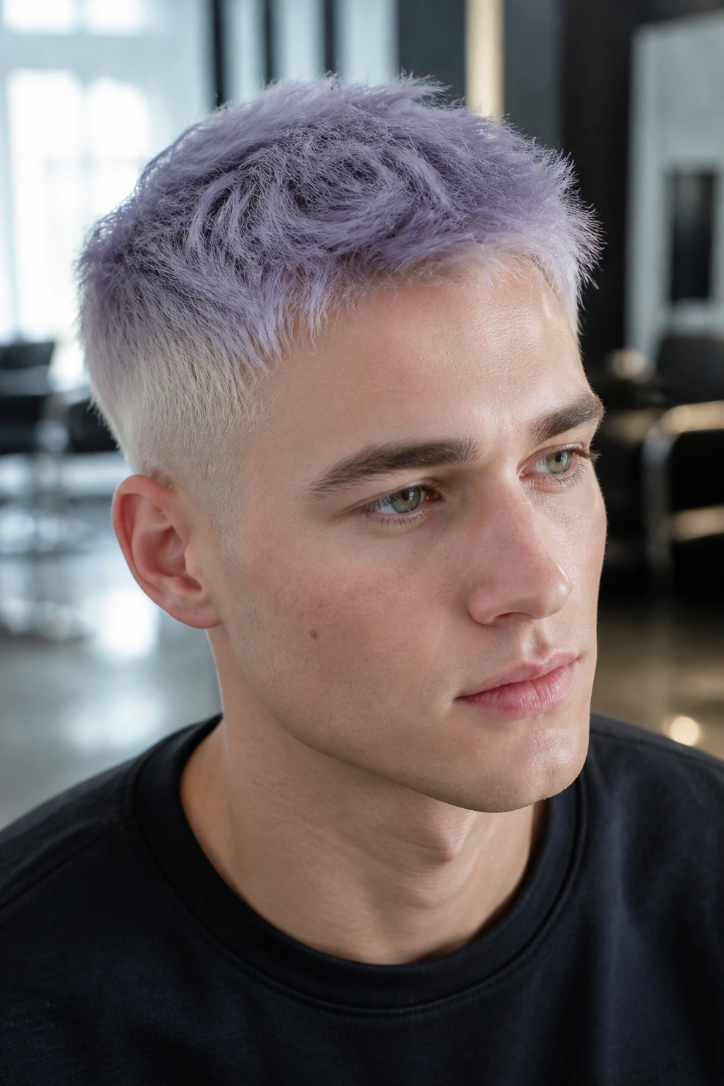 Close-up portrait of a man with silver lavender hair on pale blond base in a modern salon