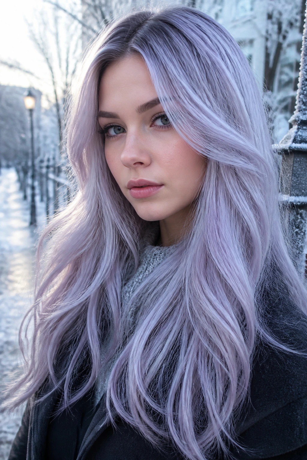 Close-up portrait of a real person with pearlized silver lavender hair and an icy glow in winter light.