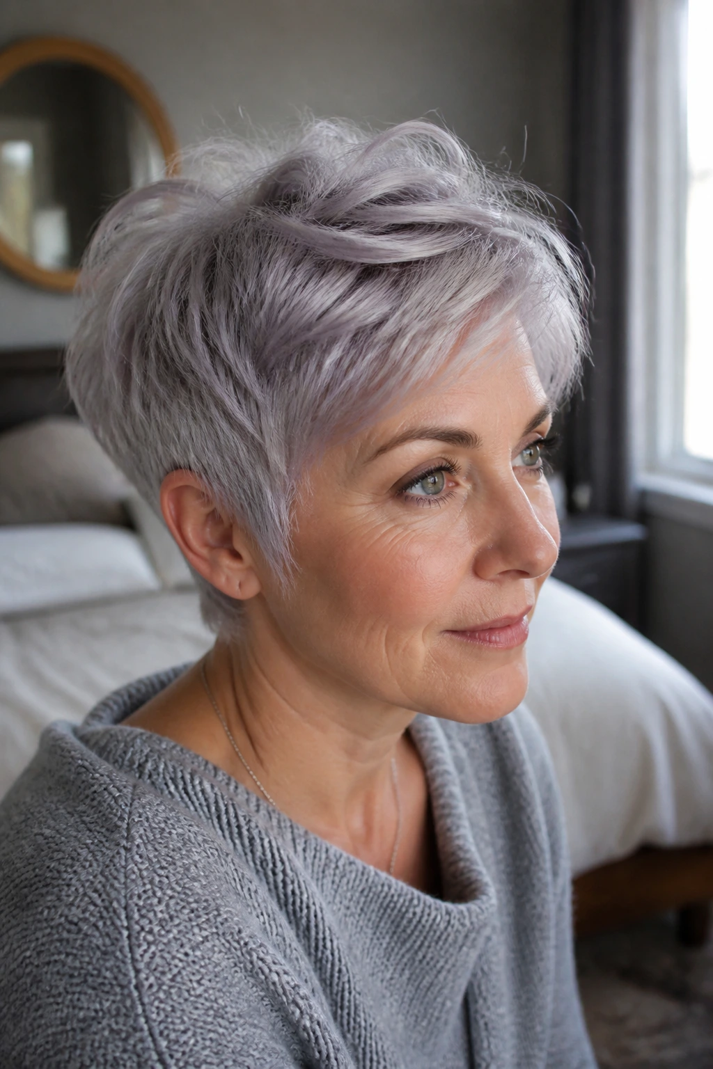 Close-up of real person with silver lavender tint on short layered hair