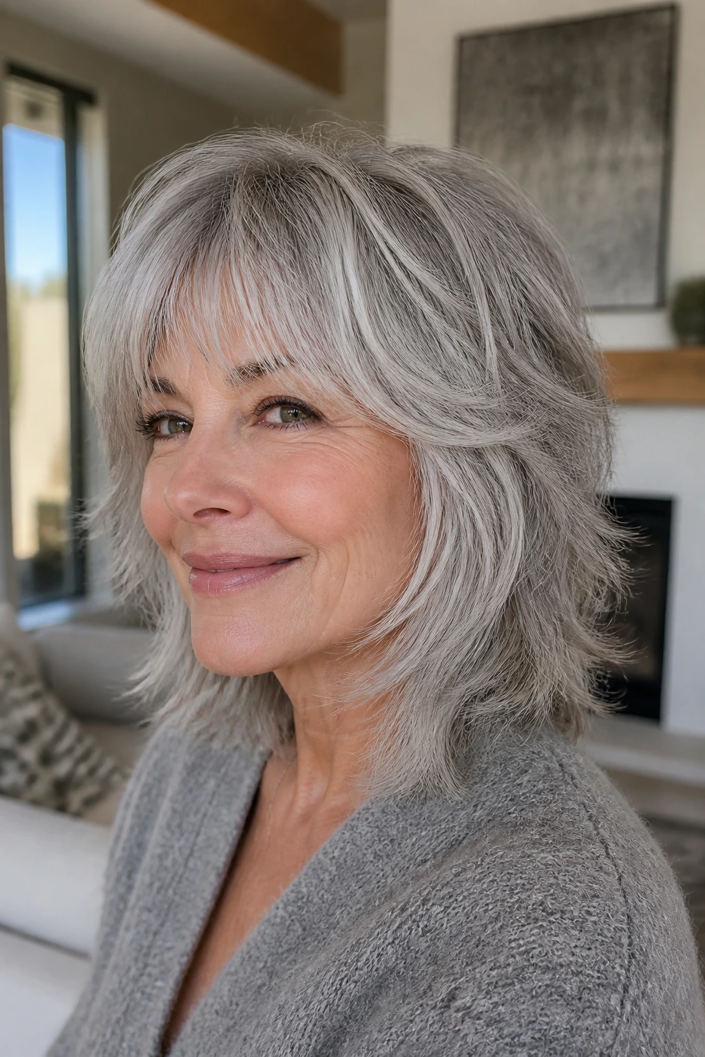 Close-up of a real woman's silver layered shag with piecey ends