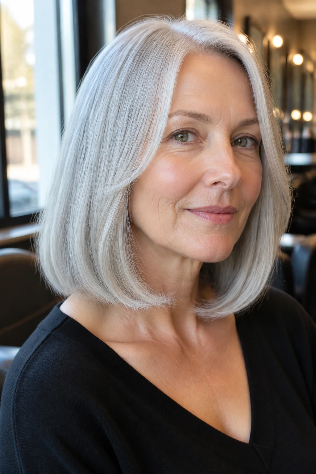 Close-up portrait of a real woman with collarbone-length silver lob and bent ends.