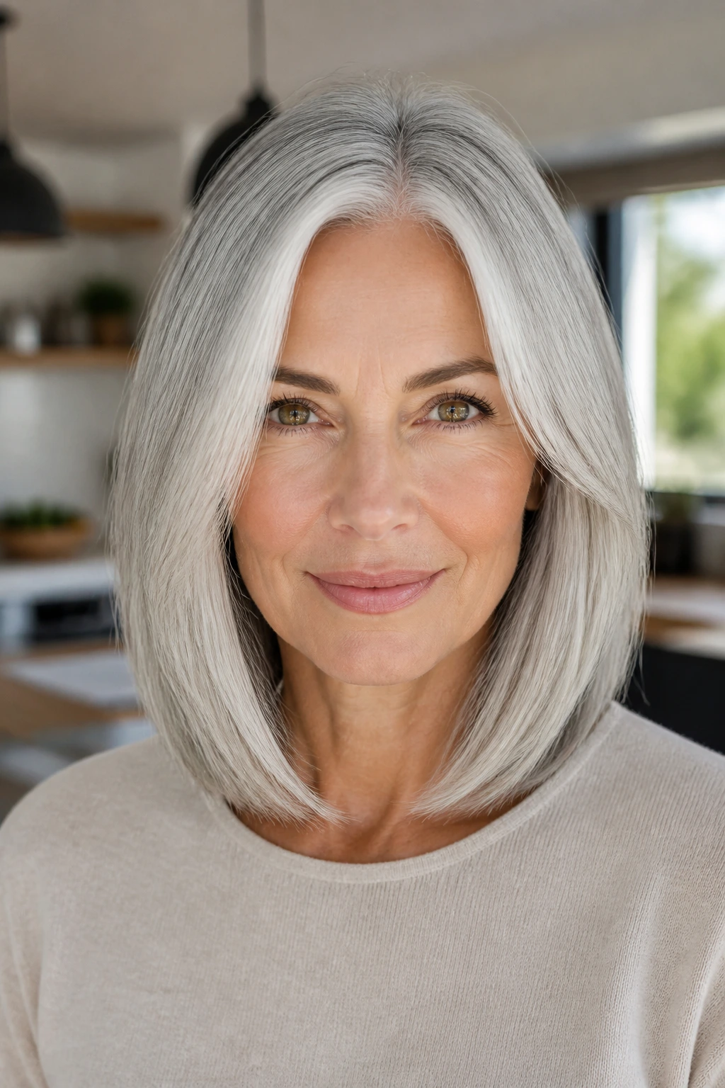 Close-up of a real woman with a shiny silver-gray lob in a bright modern setting