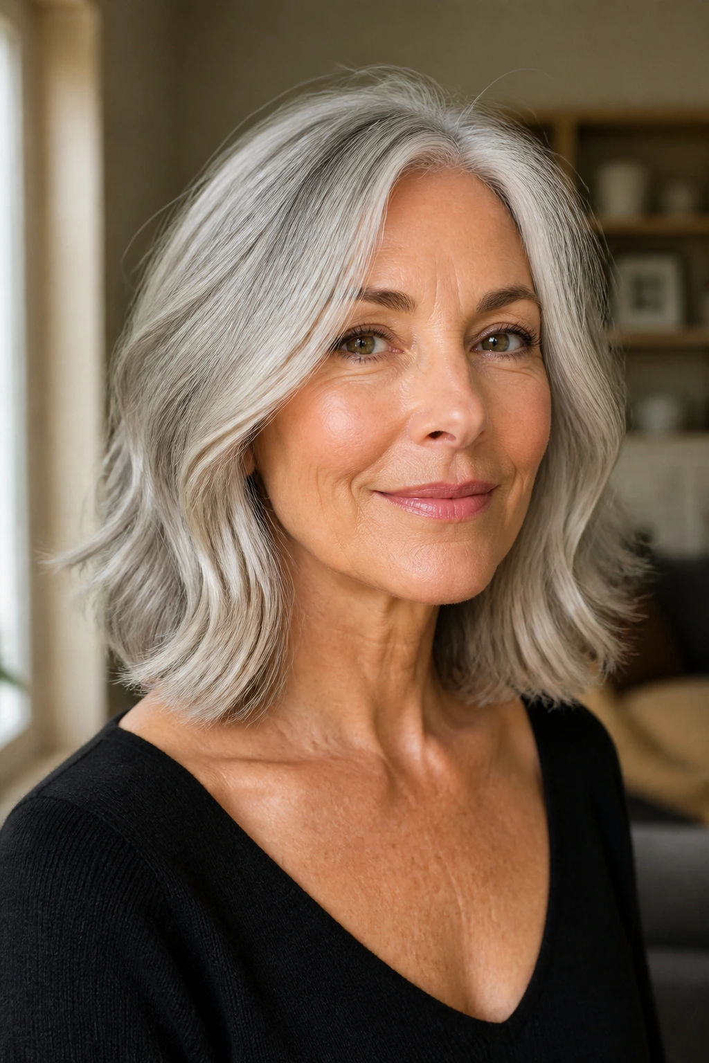 Portrait of a woman with a collarbone-length soft silver lob