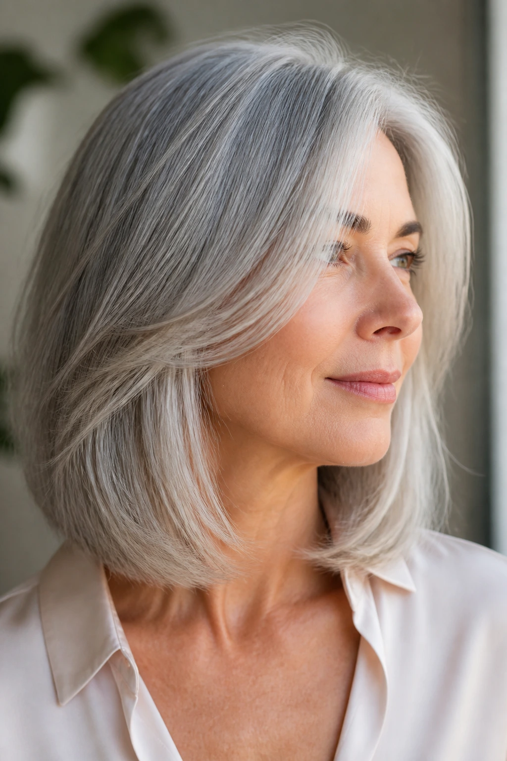 Close-up of a silver lob with internal layers on a real woman