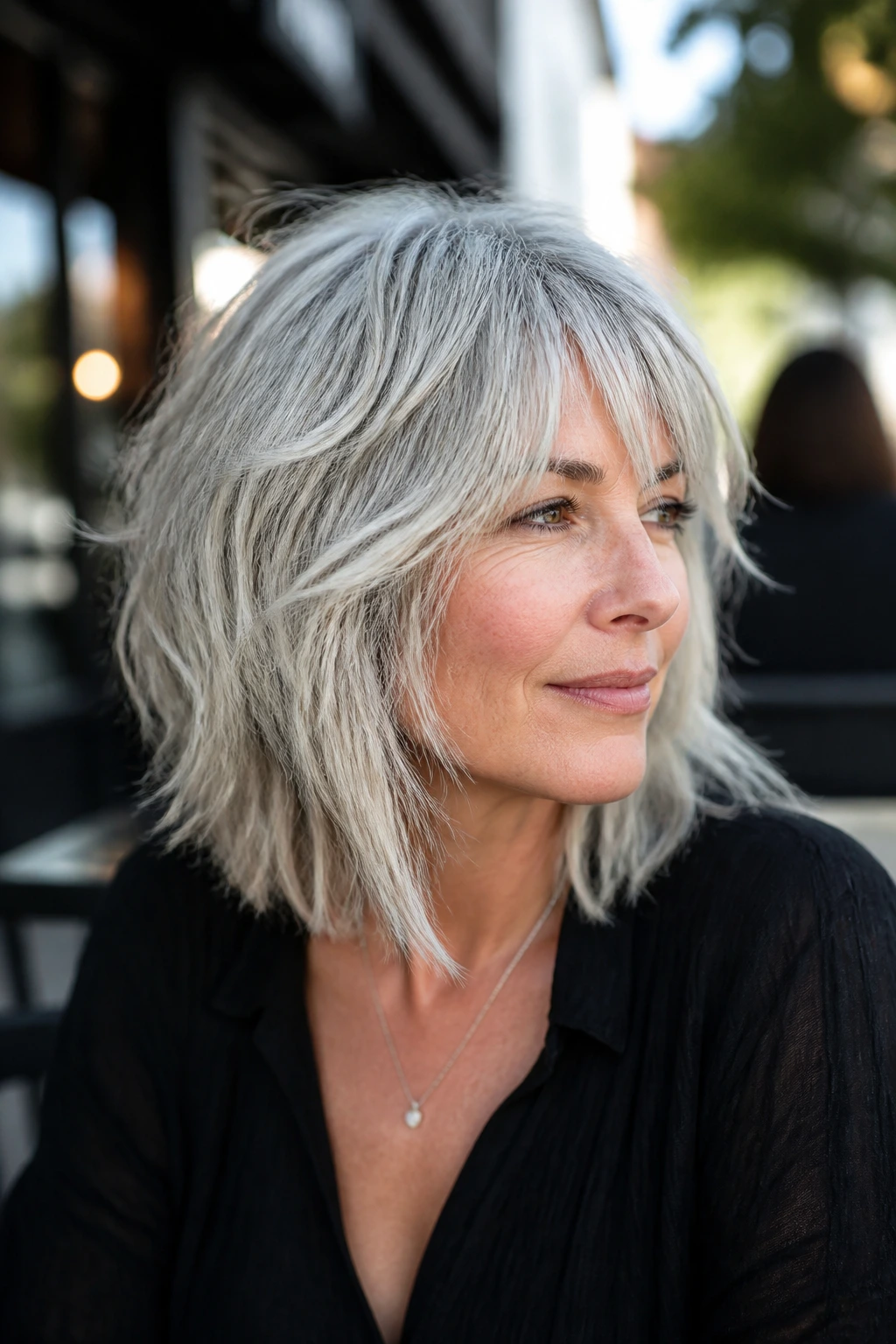 Close-up of a real woman with a shaggy silver lob and wispy layers